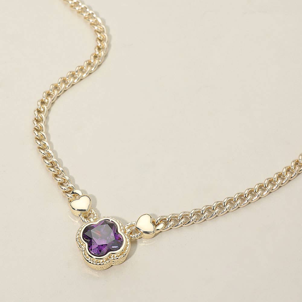 14K Gold Plated CZ Quatrefoil Pendant Pointed Chain Necklace: Blue