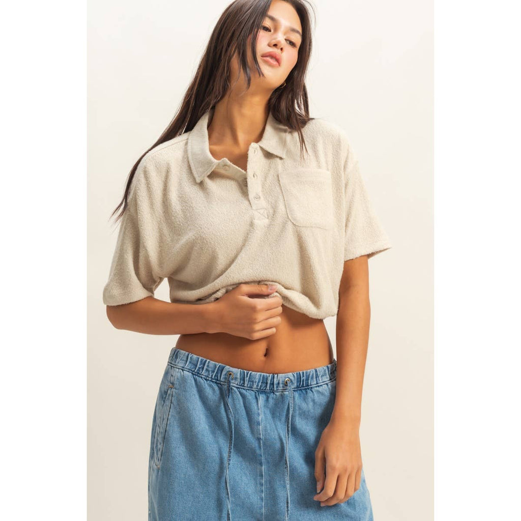 Collared Short Sleeve Crop Top: FRENCH VANILLA / S-M-L(2-2-2)